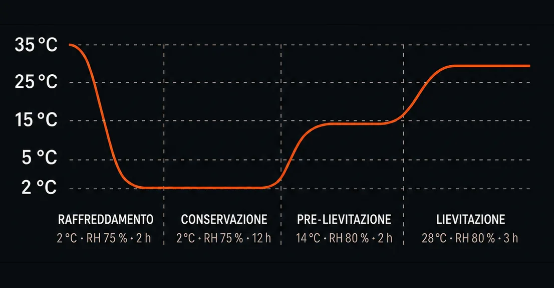 Schermata della cella: la curva di un ciclo da 2 a 35 °C divisa in quattro fasi, raffreddamento, conservazione, pre-lievitazione e lievitazione, ciascuna con temperatura, umidità e durata